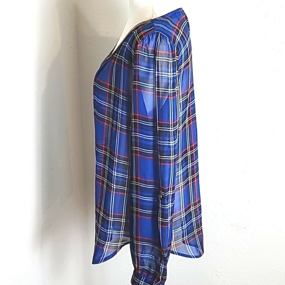 E hangar M Royal Blue Plaid Sheer Top w/Gold Accent Neckline, Size Large - Picture 7 of 11